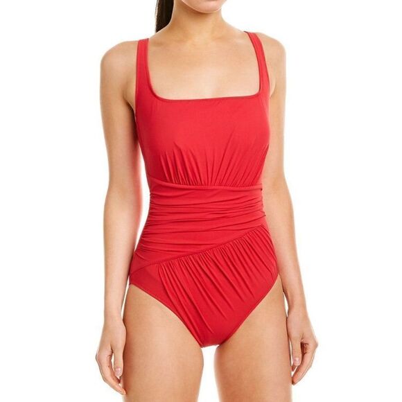 New. GOTTEX red ruched swimsuit. Size 12. Retails $168 - Picture 2 of 7